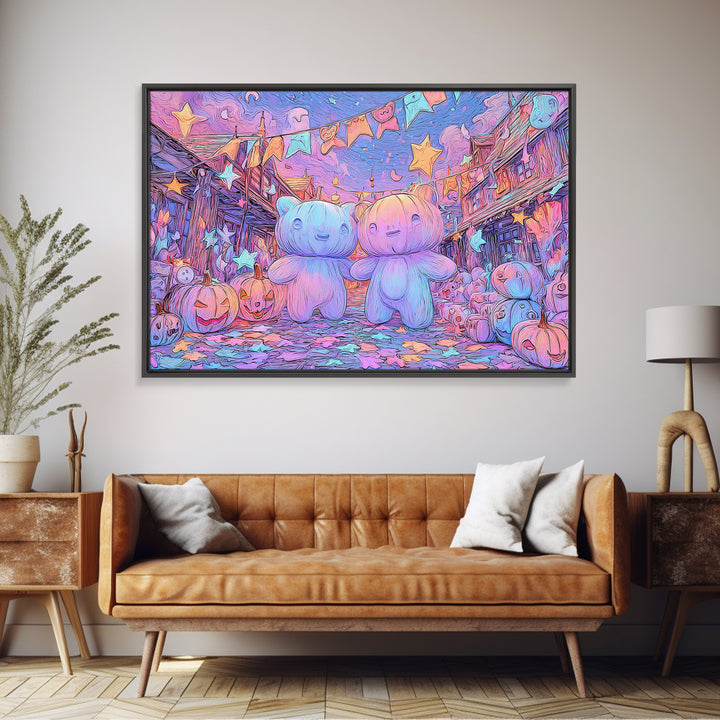 The Festival Of The Little Old Ones, Synthwave Halloween Art, Landscape Wall Art, Framed Canvas Print, Retro Halloween Decor, Neon Wall Art