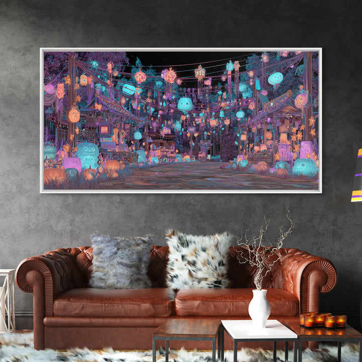 The Festival Of The Little Old Ones, Cute Eldritch Neon Art, Wide Panoramic Art, Canvas Print, Retro Halloween Decor, Neon Wall Art