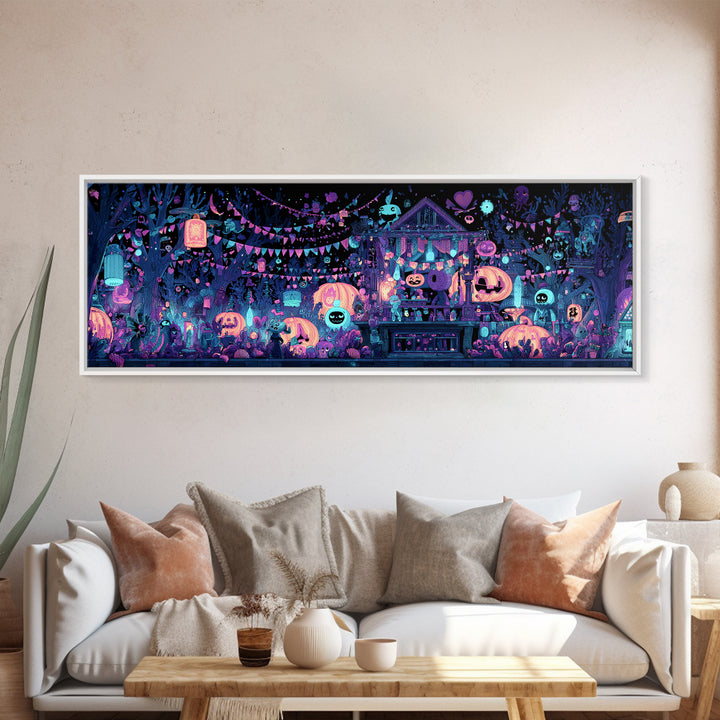 The Festival Of The Little Old Ones, Vaporwave Halloween Decor, Extra Wide Wall Art, Framed Canvas Print, Retro Halloween Decor