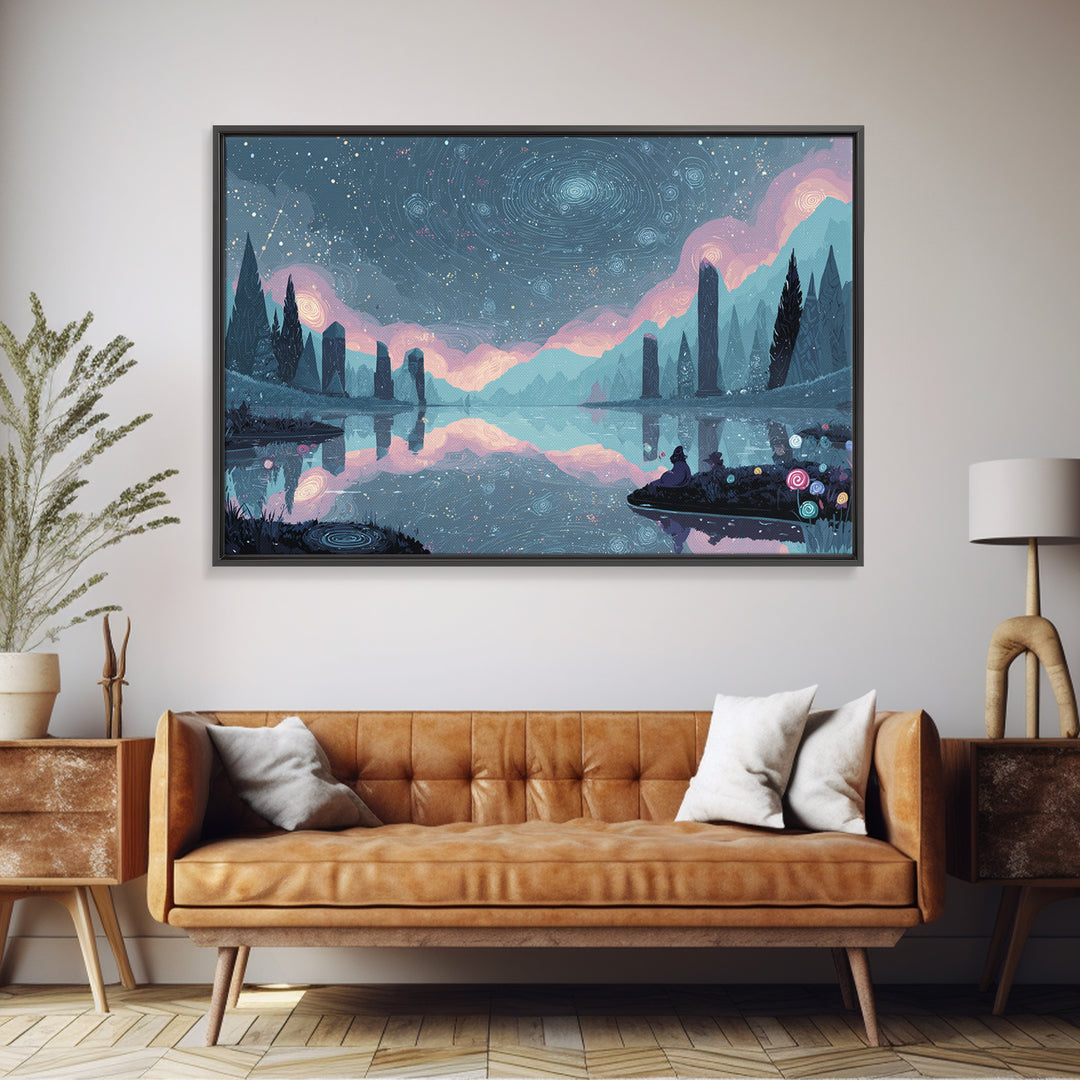 The Mirror Lake Of Lost Constellations, 80s Halloween Wall Art, Landscape Wall Art, Framed Canvas Print, Retro Halloween Decor