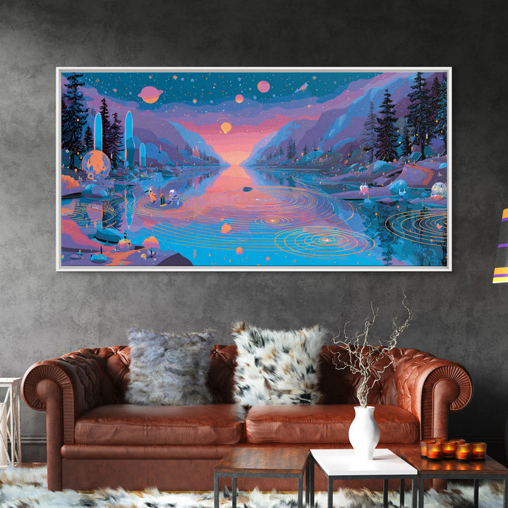 The Mirror Lake Of Lost Constellations, Synthwave Halloween Art, Wide Panoramic Art, Framed Canvas Print, Retro Halloween Decor