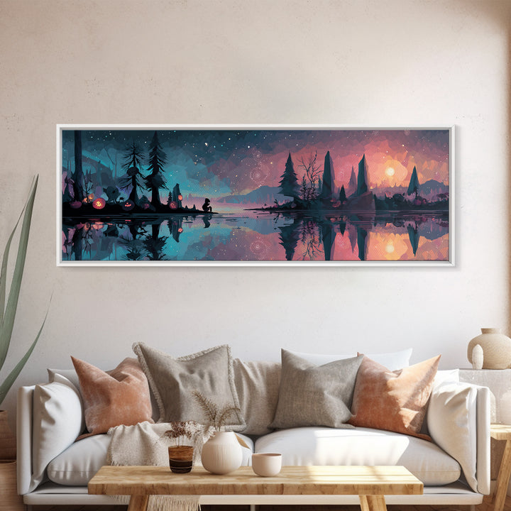 The Mirror Lake Of Lost Constellations, Cosmic Synthwave Horror, Extra Wide Wall Art, Framed Canvas Print, Retro Halloween Decor
