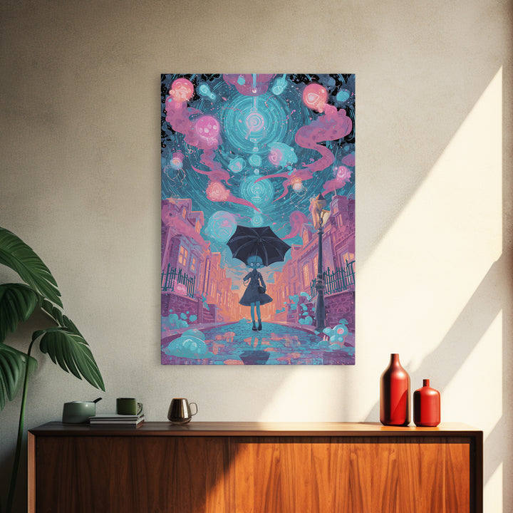 The Umbrella Of The Outer Rain, Retro Neon Halloween Art, Vertical Wall Art, Framed Canvas Print, Retro Halloween Decor, Neon Wall Art
