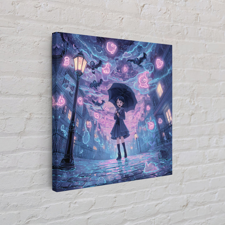 The Umbrella Of The Outer Rain, Cute Spooky Neon Art, Square Wall Art, Canvas Print, Retro Halloween Decor, Neon Wall Art