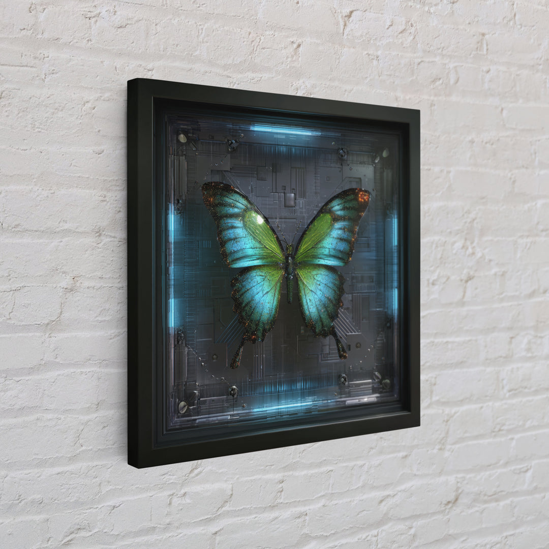 Holographic Butterfly over Black Metal Surface Canvas Print, Cyberpunk Art, Japanese Art, Living Room Decor, Fine Art, Neon, CYB-1x1-19