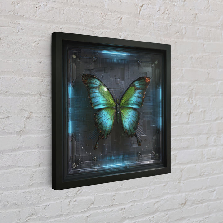 Holographic Butterfly over Black Metal Surface Canvas Print, Cyberpunk Art, Japanese Art, Living Room Decor, Fine Art, Neon, CYB-1x1-19