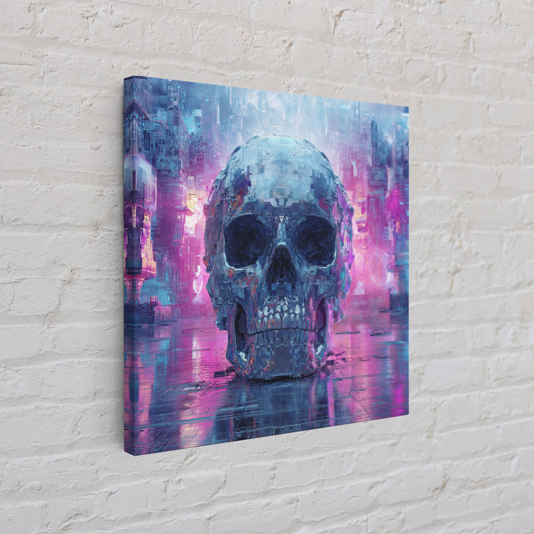 Cyberpunk Skull with Chrome and Violet Light Canvas Print, Cyberpunk Art, Art Print, Living Room Decor, Fine Art, Neon, CYB-1x1-20