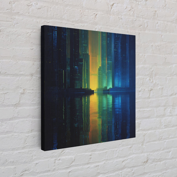Neon Skyline Reflected Canvas Print, Cyberpunk Art, Man Cave Decor, Living Room Decor, Fine Art, Neon, Fine Art Print, CYB-1x1-22