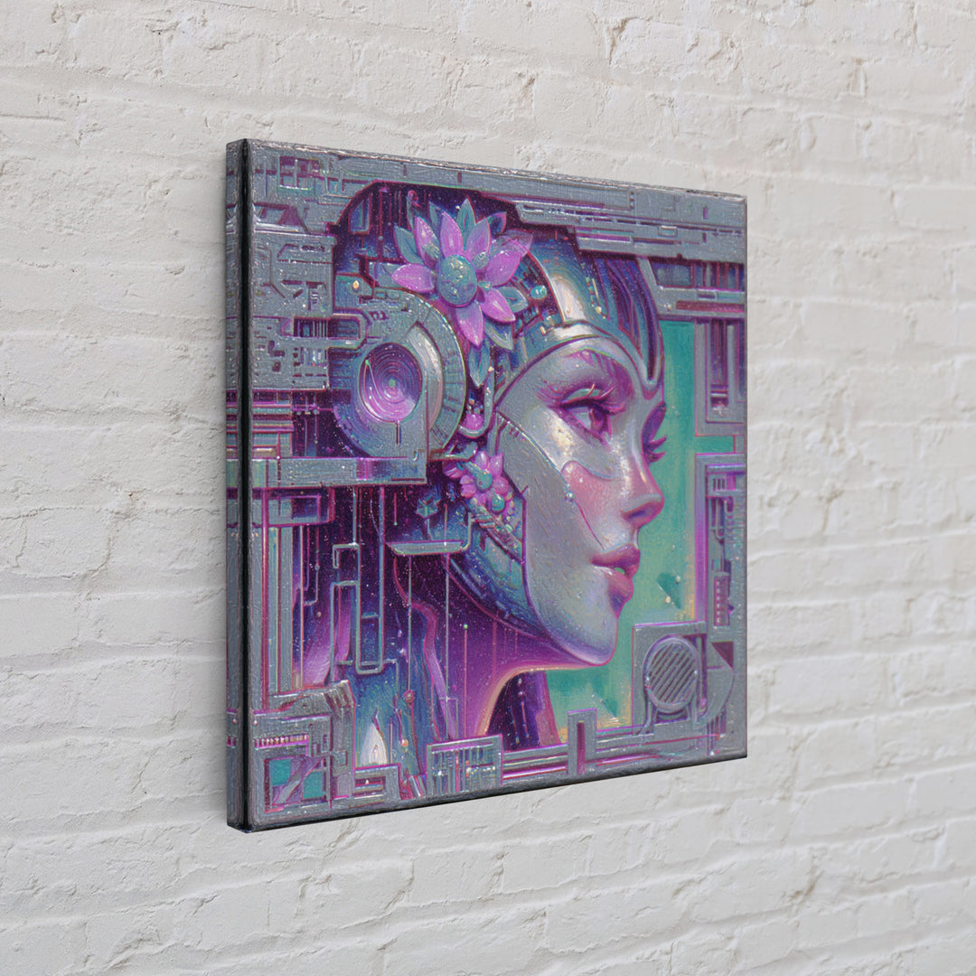 Android Woman with Glowing Circuitry and Flowers Canvas Print, Cyberpunk Art, Blue Wall Art, Living Room Decor, Neon, CYB-1x1-27