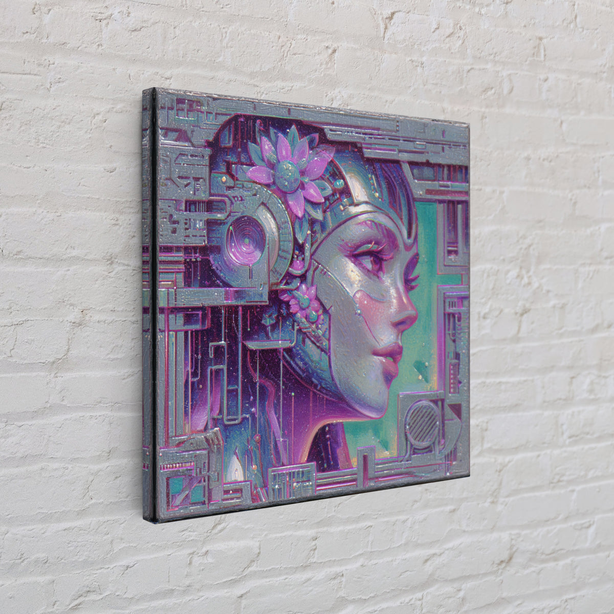 Android Woman with Glowing Circuitry and Flowers Canvas Print, Cyberpunk Art, Blue Wall Art, Living Room Decor, Neon, CYB-1x1-27