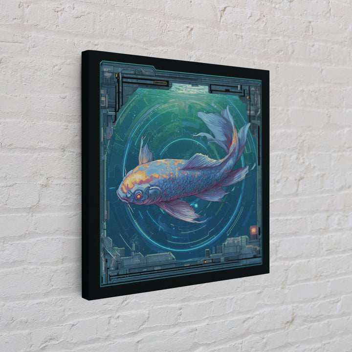 Cyberpunk Koi Swimming Through Electric Blue Water Canvas Print, Cyberpunk Art, Textured Painting, Living Room Decor, Neon, CYB-1x1-29