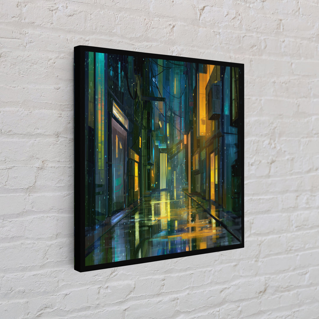 Rain Soaked Alley Framed Canvas Print, Cyberpunk Art, Gallery Decor, Living Room Decor, Fine Art, Neon, Wall Art, Home Decor, CYB-1x1-32