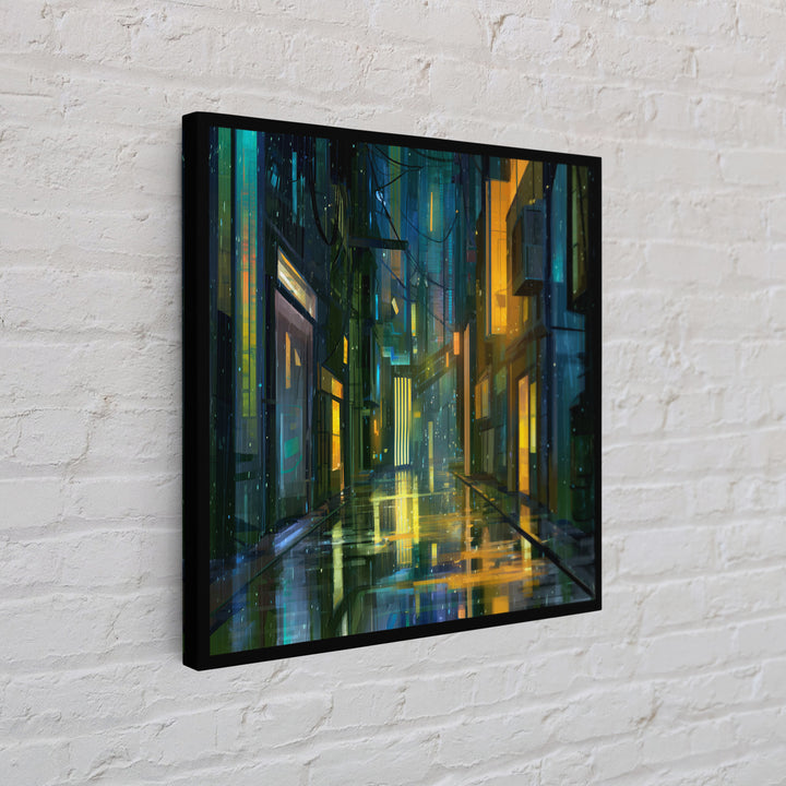 Rain Soaked Alley Framed Canvas Print, Cyberpunk Art, Gallery Decor, Living Room Decor, Fine Art, Neon, Wall Art, Home Decor, CYB-1x1-32