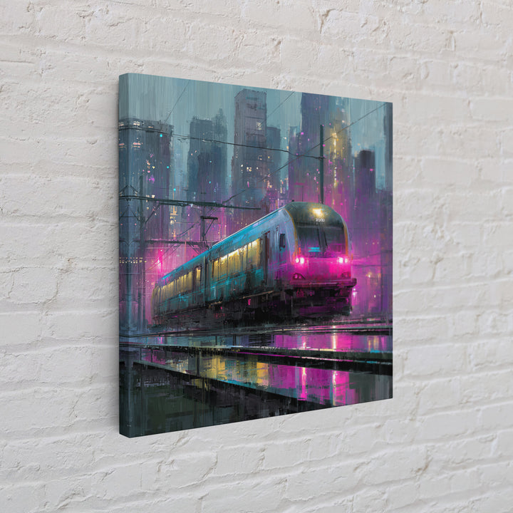 City Train Rushing Through Pink Electric Haze Framed Canvas Print, Cyberpunk Art, Boho Decor, Living Room Decor, Oil Painting, CYB-1x1-37