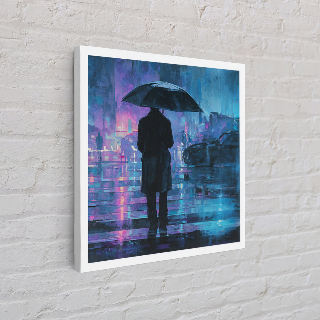 Glowing Umbrella Figure Framed Canvas Print, Cyberpunk Art, Cyberpunk Decor, Living Room Decor, Fine Art, Neon, Modern Decor, CYB-1x1-39