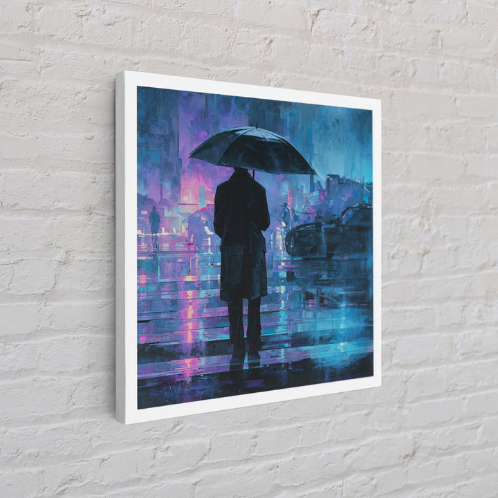Glowing Umbrella Figure Framed Canvas Print, Cyberpunk Art, Cyberpunk Decor, Living Room Decor, Fine Art, Neon, Modern Decor, CYB-1x1-39
