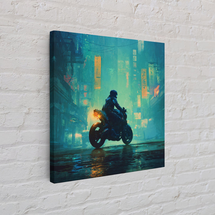 Motorcycle Rider under Holographic Signs Canvas Print, Cyberpunk Art, Home Decor, Living Room Decor, Neon, Japanese Wall Art, CYB-1x1-4
