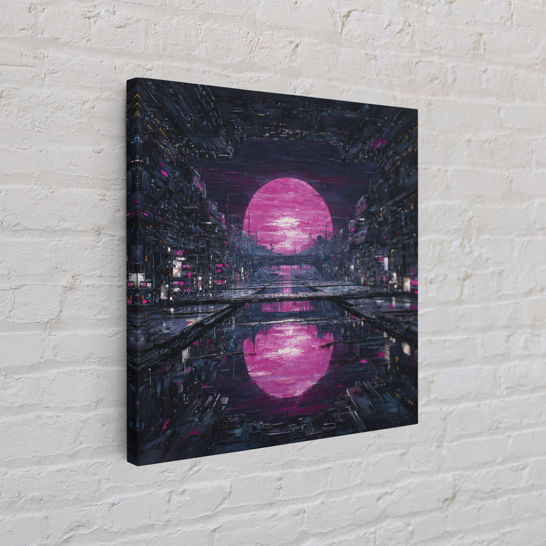 Dystopian Moon over Dense Rooftops Framed Canvas Print, Cyberpunk Art, Cyberpunk Helmet, Living Room Decor, Abstract Art, Neon, CYB-1x1-42