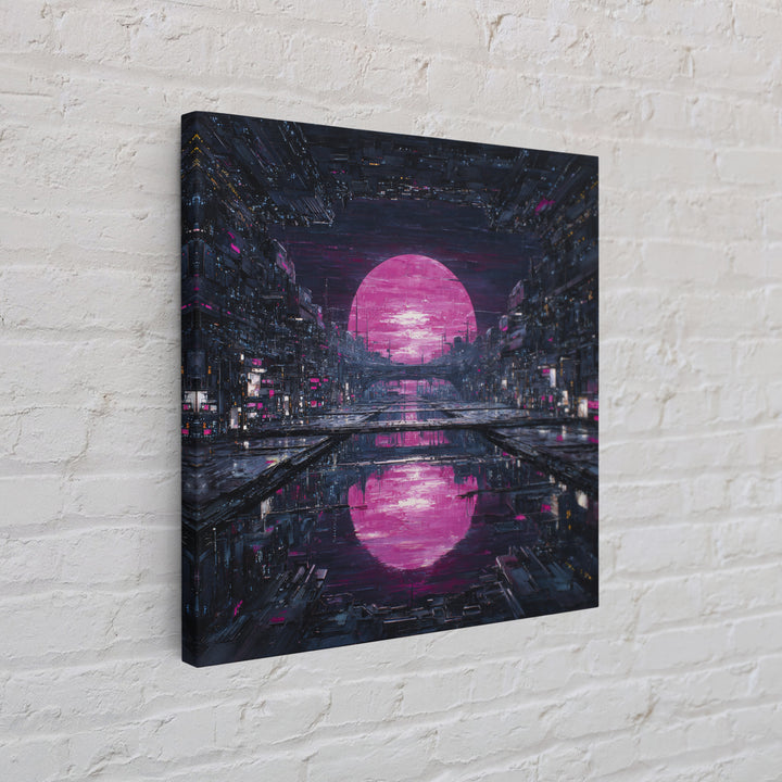 Dystopian Moon over Dense Rooftops Framed Canvas Print, Cyberpunk Art, Cyberpunk Helmet, Living Room Decor, Abstract Art, Neon, CYB-1x1-42