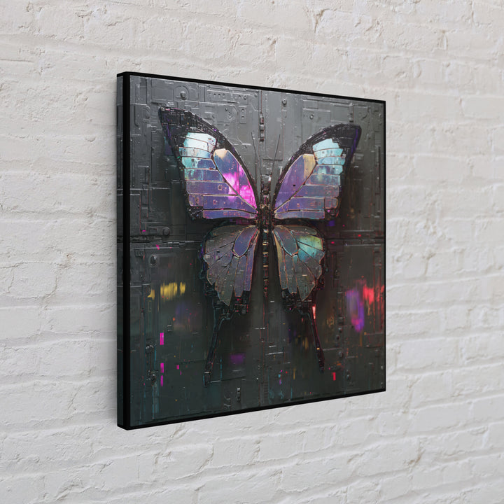 Holographic Butterfly over Black Metal Surface Framed Canvas Print, Cyberpunk Art, Man Cave Decor, Living Room Decor, Neon, CYB-1x1-43