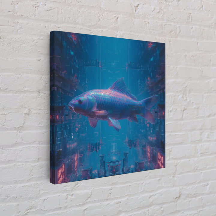 Cyberpunk Koi Swimming Through Electric Blue Water Canvas Print, Cyberpunk Art, Fine Art Print, Living Room Decor, Neon, CYB-1x1-5