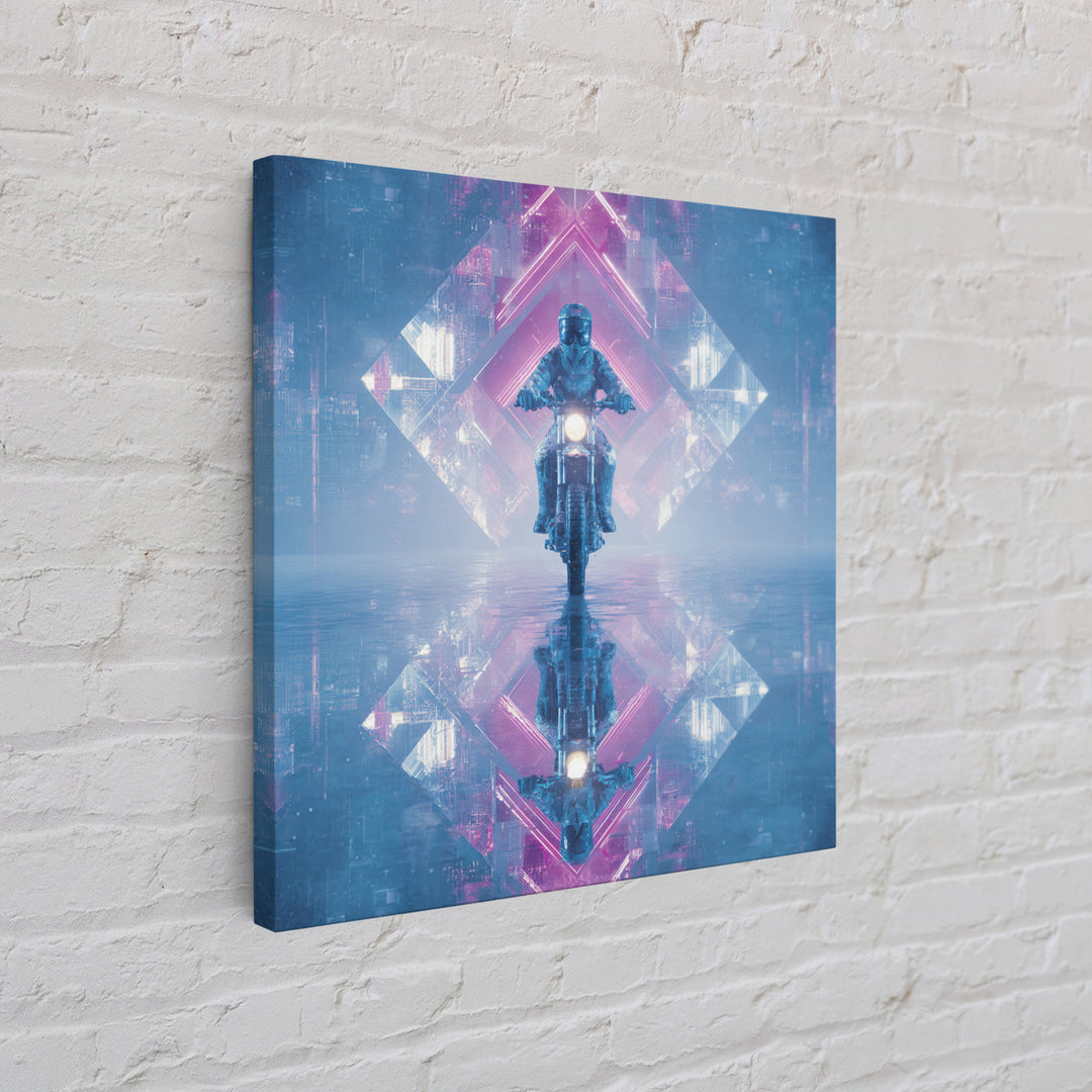 Motorcycle Rider under Holographic Signs Framed Canvas Print, Cyberpunk Art, Cool Wall Art, Living Room Decor, Fine Art, Neon, CYB-1x1-52