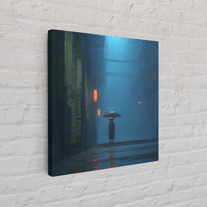 Glowing Umbrella Figure Framed Canvas Print, Cyberpunk Art, Neutral Decor, Living Room Decor, Fine Art, Neon, Home Decor, CYB-1x1-63