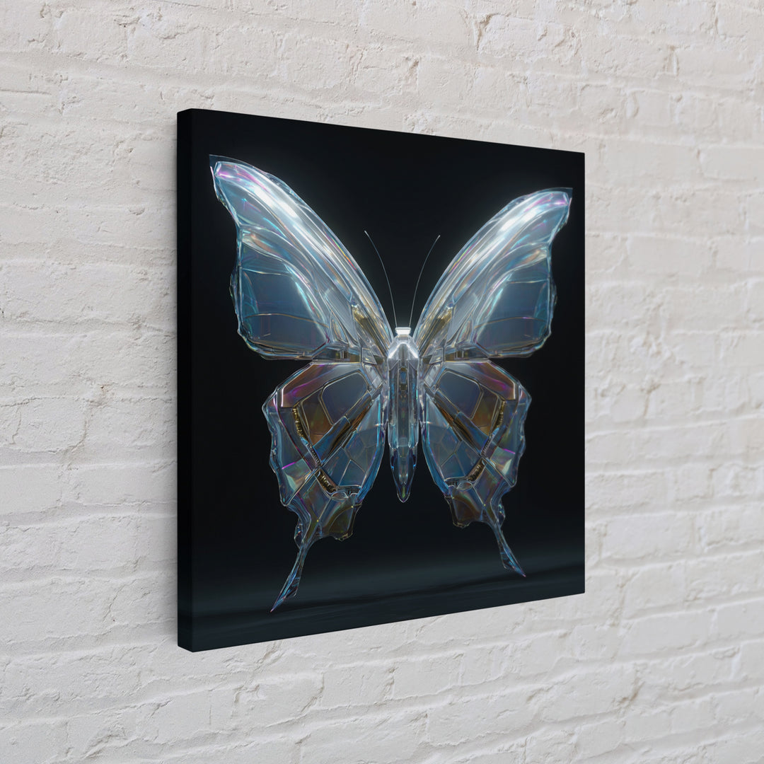 Holographic Butterfly over Black Metal Surface Framed Canvas Print, Cyberpunk Art, Modern Decor, Living Room Decor, Neon, CYB-1x1-67