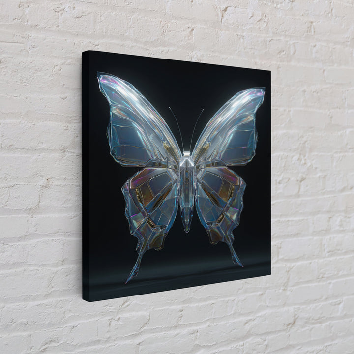 Holographic Butterfly over Black Metal Surface Framed Canvas Print, Cyberpunk Art, Modern Decor, Living Room Decor, Neon, CYB-1x1-67