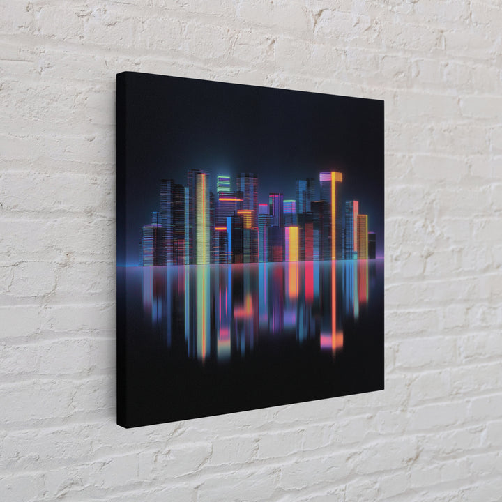 Neon Skyline Reflected Framed Canvas Print, Cyberpunk Art, Minimalist Poster, Living Room Decor, Fine Art, Neon, CYB-1x1-70