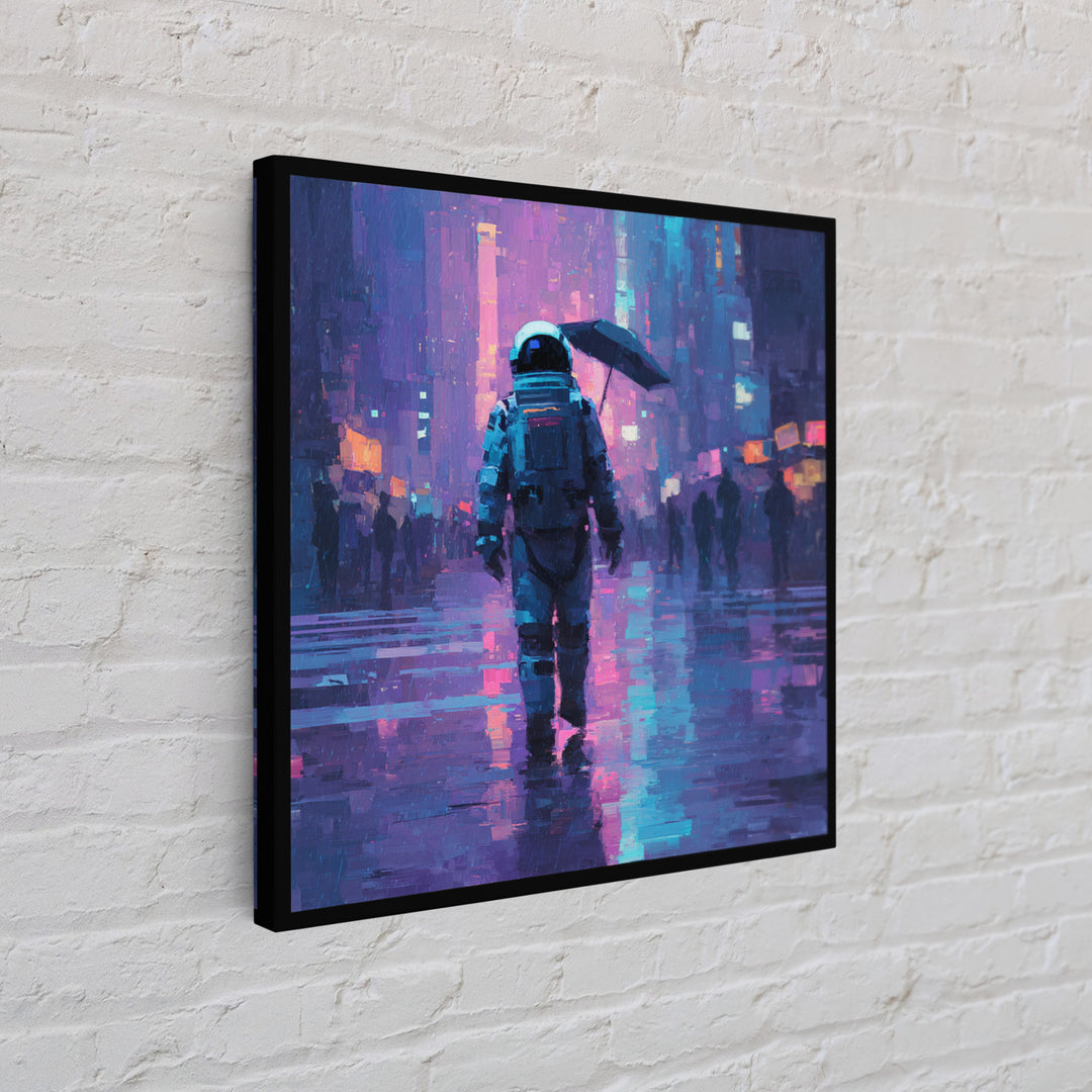Astronaut Street Wanderer Framed Canvas Print, Cyberpunk Art, Cyberpunk Tarot, Living Room Decor, Fine Art, Neon, CYB-1x1-71