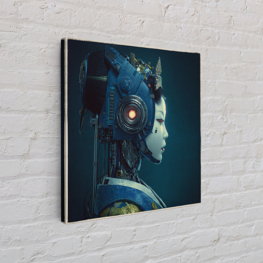 Robot Geisha Portrait Framed Canvas Print, Cyberpunk Art, Boho Decor, Living Room Decor, Fine Art, Neon, Art Print, Digital Art, CYB-1x1-79