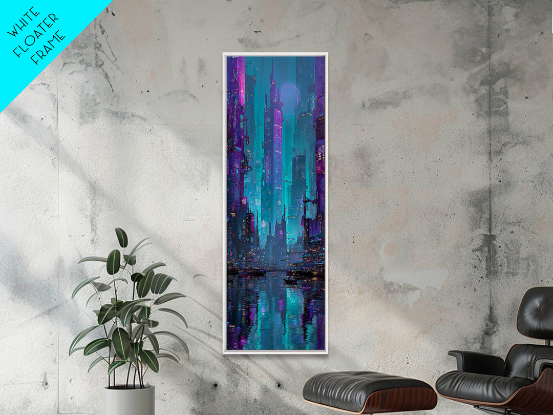 Futuristic City Skyline Canvas Print, Cyberpunk Art, Gallery Decor, Living Room Decor, Fine Art, Neon, Wall Art, Home Decor, CYB-1x3-14