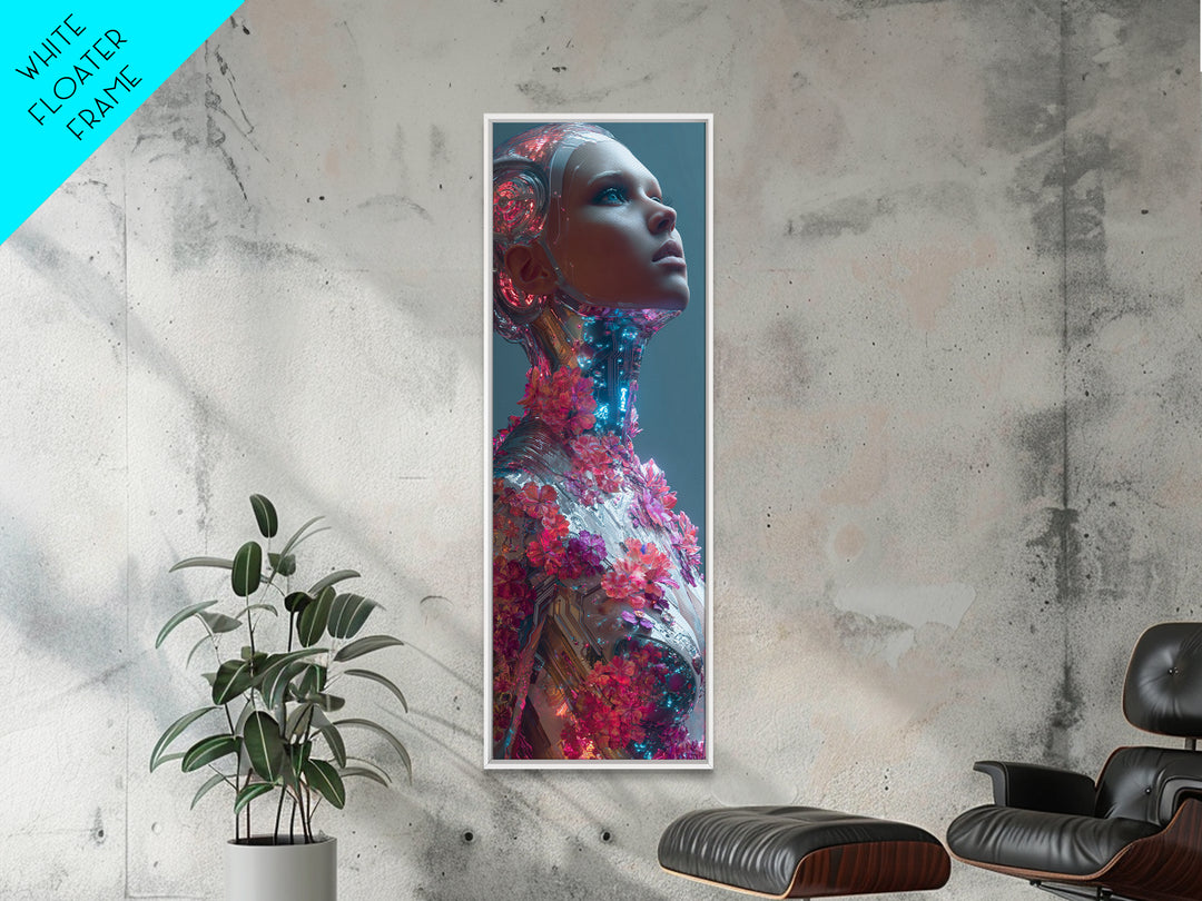 Android Woman with Glowing Circuitry and Flowers Framed Canvas Print, Cyberpunk Art, Canvas Wall Art, Living Room Decor, Neon, CYB-1x3-15
