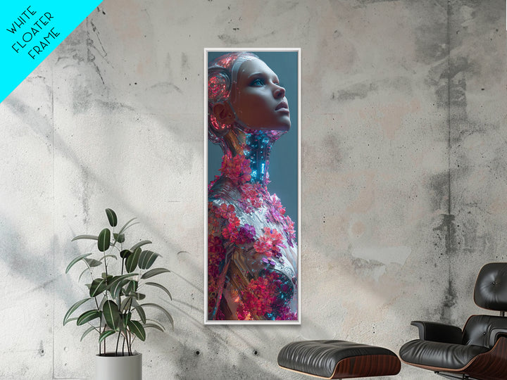 Android Woman with Glowing Circuitry and Flowers Framed Canvas Print, Cyberpunk Art, Canvas Wall Art, Living Room Decor, Neon, CYB-1x3-15