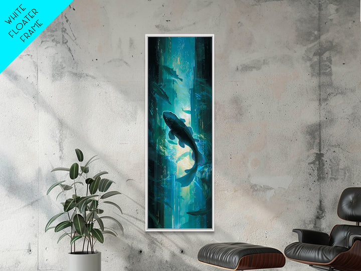 Cyberpunk Koi Swimming Through Electric Blue Water Canvas Print, Cyberpunk Art, Poster, Living Room Decor, Fine Art, Neon, CYB-1x3-17