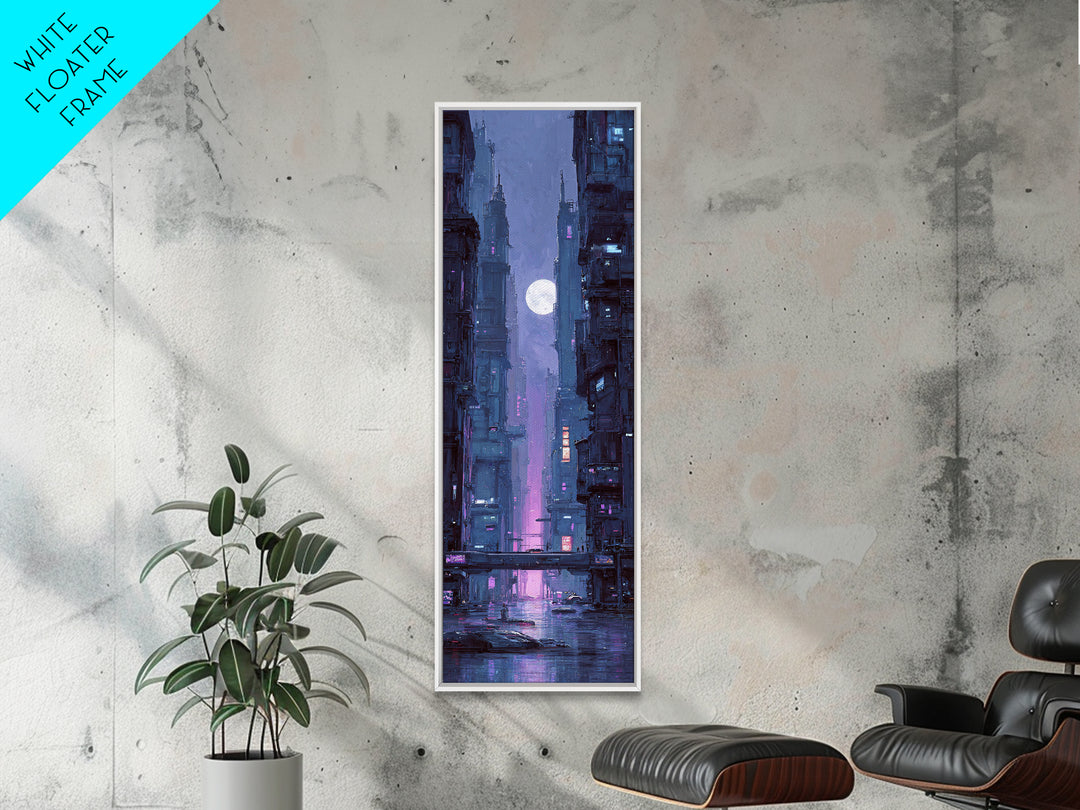 Dystopian Moon over Dense Rooftops Framed Canvas Print, Cyberpunk Art, Fantasy Art, Living Room Decor, Oil Painting, Neon, CYB-1x3-30