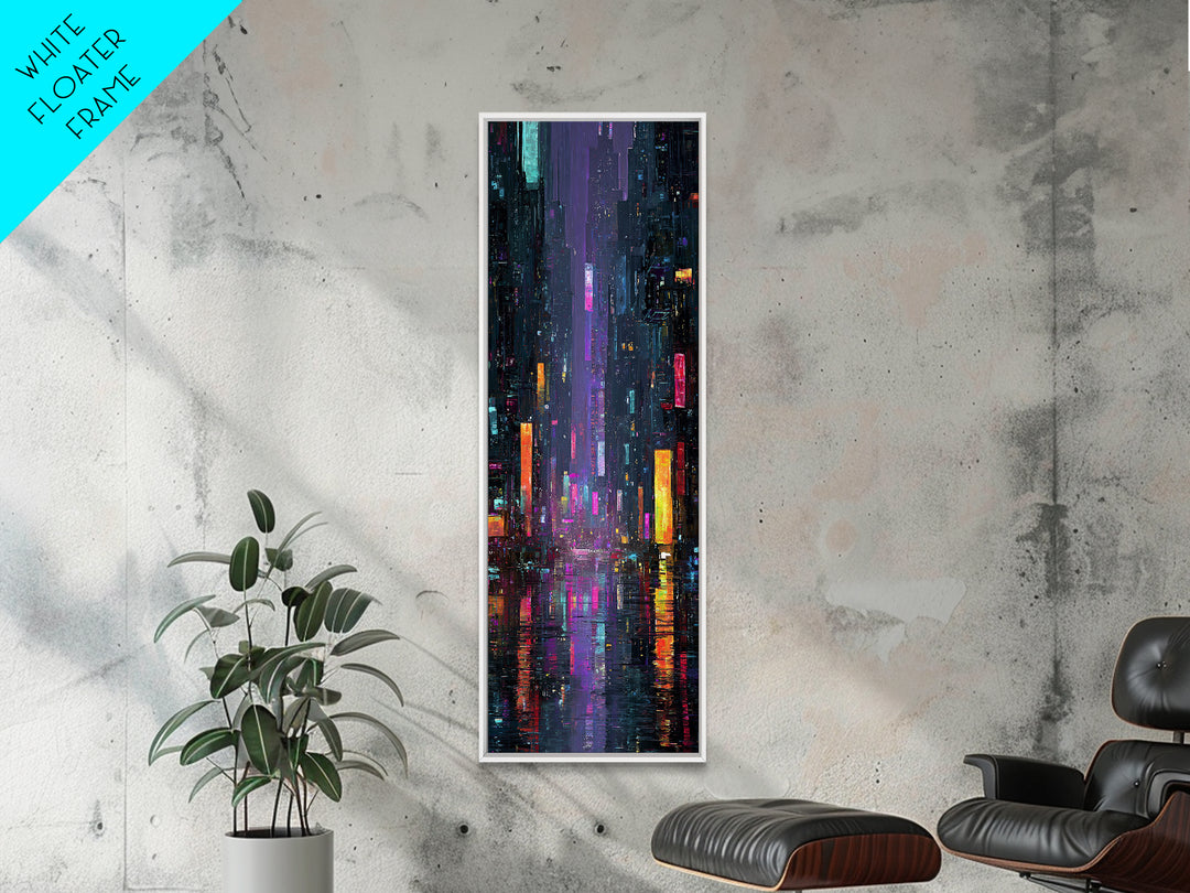 Neon Skyline Reflected Framed Canvas Print, Cyberpunk Art, Modern Wall Decor, Living Room Decor, Abstract Art, Neon, CYB-1x3-34
