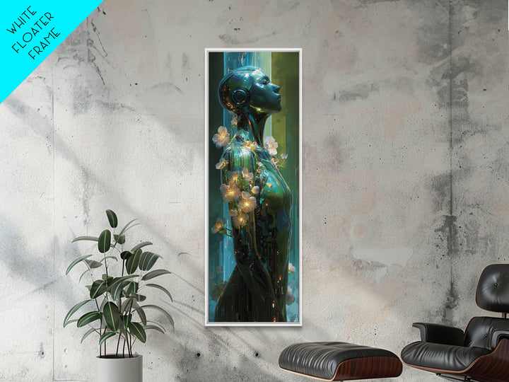 Android Woman with Glowing Circuitry and Flowers Canvas Print, Cyberpunk Art, Blue Wall Art, Living Room Decor, Oil Painting, CYB-1x3-39