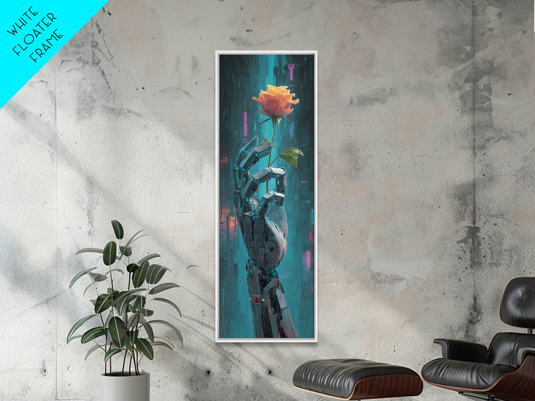 Robotic Hand Holding a Real Rose Framed Canvas Print, Cyberpunk Art, Minimalist Decor, Living Room Decor, Fine Art, Neon, CYB-1x3-4