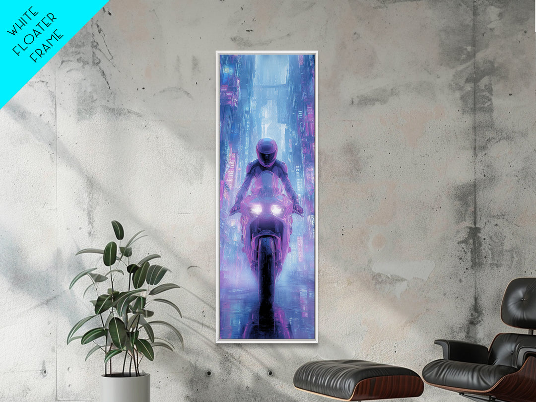 Motorcycle Rider under Holographic Signs Canvas Print, Cyberpunk Art, Abstract Art, Living Room Decor, Fine Art, Neon, CYB-1x3-40