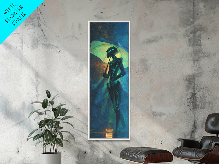 Glowing Umbrella Figure Canvas Print, Cyberpunk Art, Cyberpunk Helmet, Living Room Decor, Fine Art, Neon, Textured Painting, CYB-1x3-51