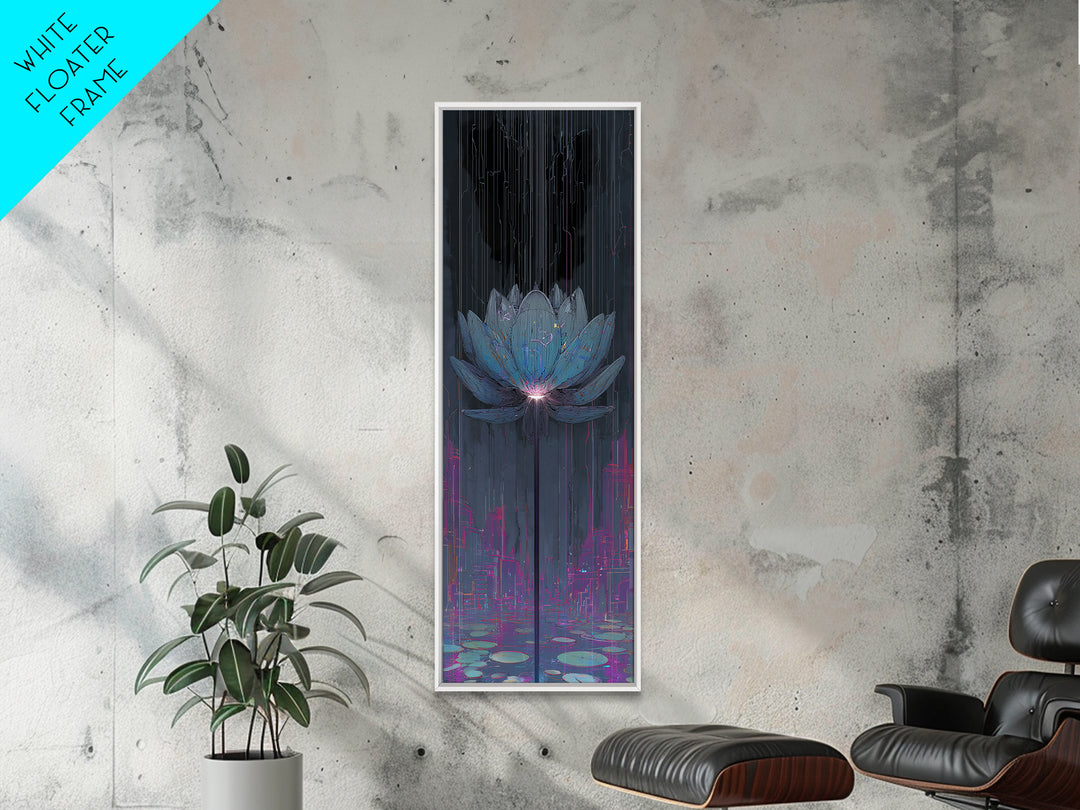 Electric Lotus Flower Framed Canvas Print, Cyberpunk Art, Textured Painting, Living Room Decor, Neon, Digital Wall Art, CYB-1x3-53