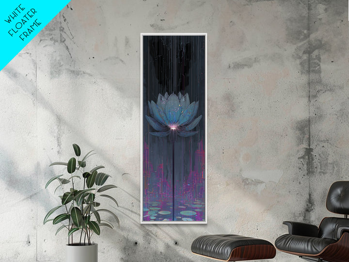 Electric Lotus Flower Framed Canvas Print, Cyberpunk Art, Textured Painting, Living Room Decor, Neon, Digital Wall Art, CYB-1x3-53