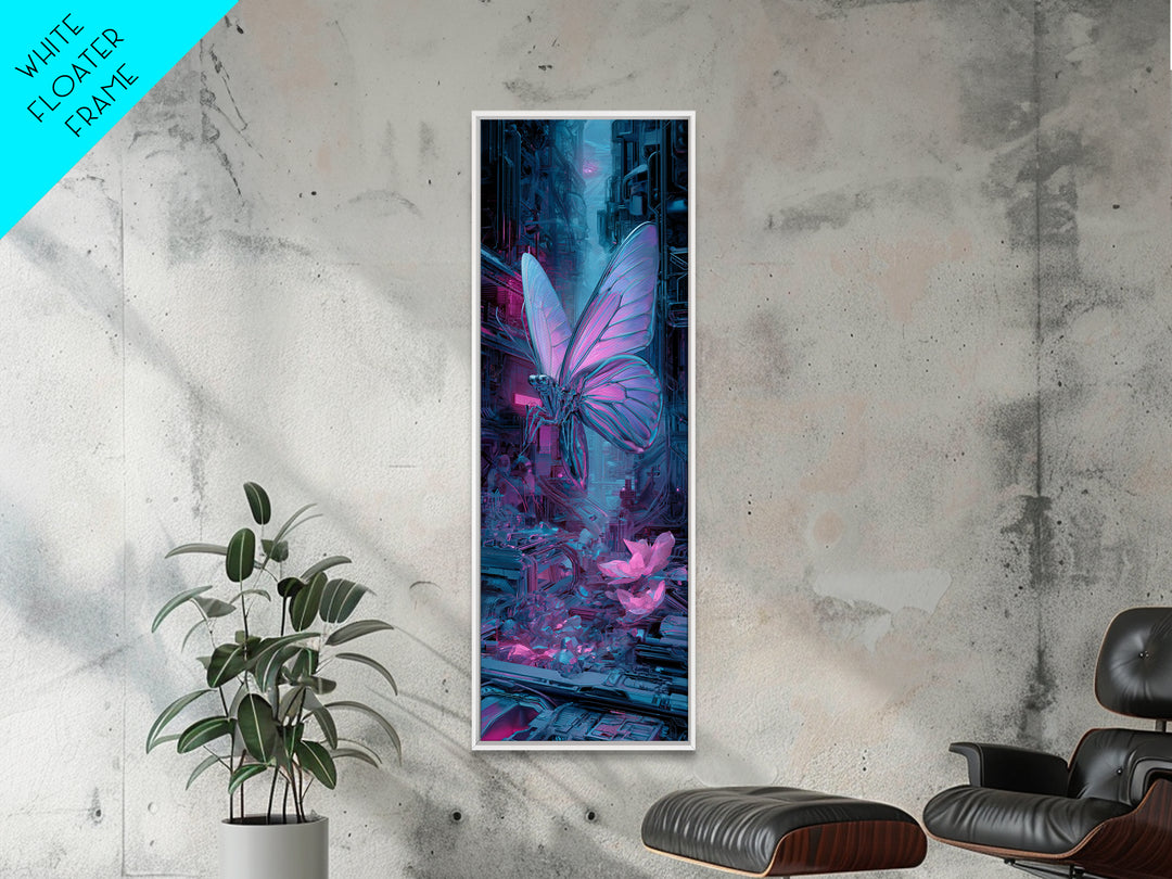 Holographic Butterfly over Black Metal Surface Canvas Print, Cyberpunk Art, Man Cave Decor, Living Room Decor, Fine Art, Neon, CYB-1x3-55