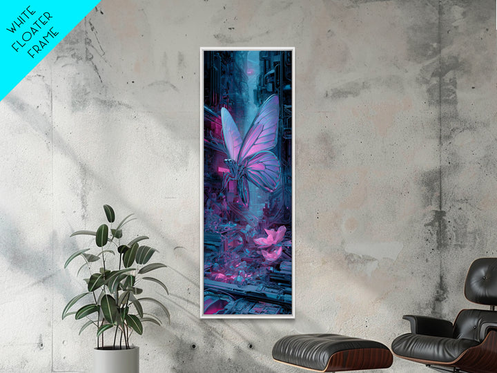 Holographic Butterfly over Black Metal Surface Canvas Print, Cyberpunk Art, Man Cave Decor, Living Room Decor, Fine Art, Neon, CYB-1x3-55