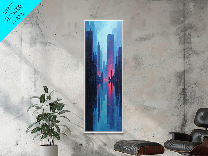 Neon Skyline Reflected Framed Canvas Print, Cyberpunk Art, Modern Wall Decor, Living Room Decor, Abstract Art, Neon, CYB-1x3-58