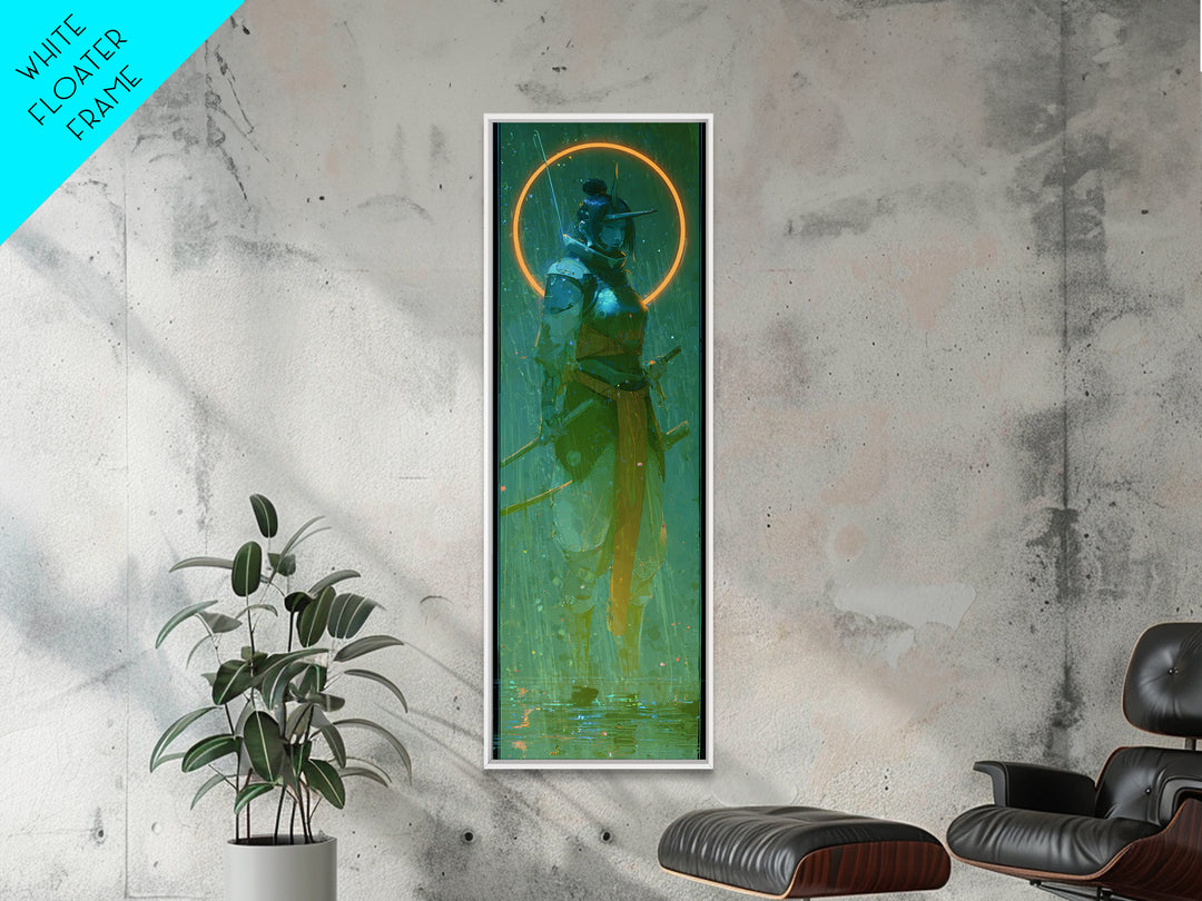 Neon Samurai Portrait Framed Canvas Print, Cyberpunk Art, Cyberpunk, Living Room Decor, Neon, Modern Art, Blue Wall Art, CYB-1x3-61