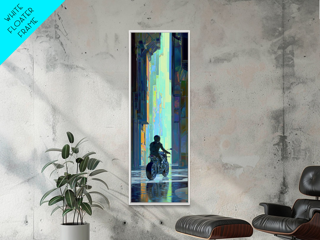 Motorcycle Rider under Holographic Signs Framed Canvas Print, Cyberpunk Art, Cool Wall Art, Living Room Decor, Fine Art, Neon, CYB-1x3-64