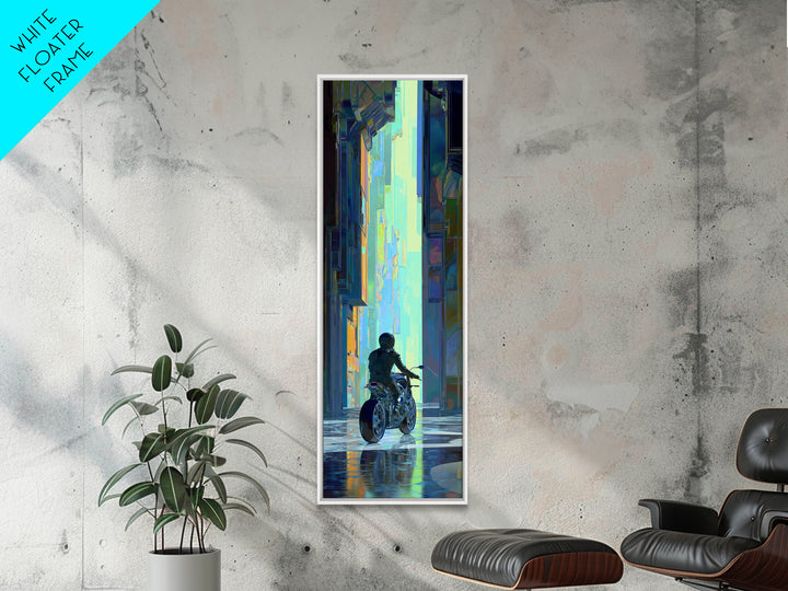 Motorcycle Rider under Holographic Signs Framed Canvas Print, Cyberpunk Art, Cool Wall Art, Living Room Decor, Fine Art, Neon, CYB-1x3-64
